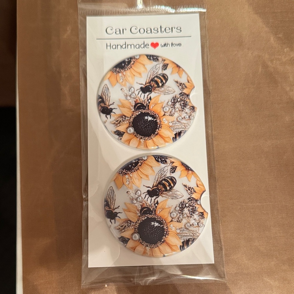 Handmade Sunflower and Bee Ceramic Coasters